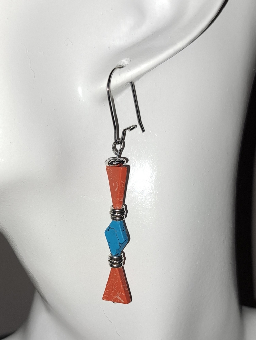 Dainty Turquoise & Orange Coral Bead Earrings, Stainless Steel Ear Hooks